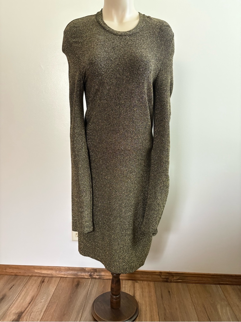 & Other Stories Long Sleeve Rib-Knit Metallic Gold Mini Dress Size 6